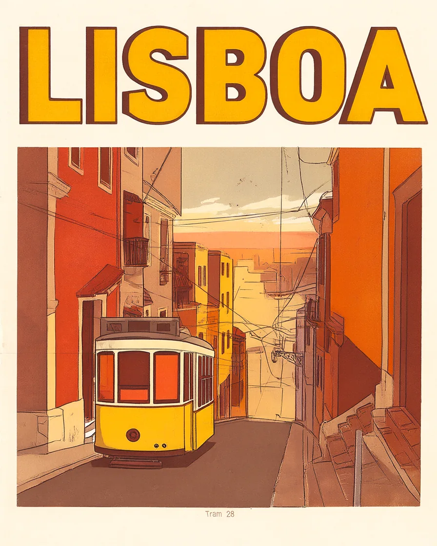 Pôster de viagem retrô em serigrafia de um bonde amarelo de Lisboa com o título LISBOA e a legenda Tram 28.