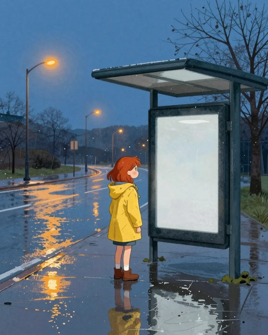 Ilustração de livro infantil de uma menina ruiva de capa de chuva amarela em um ponto de ônibus chuvoso ao entardecer.