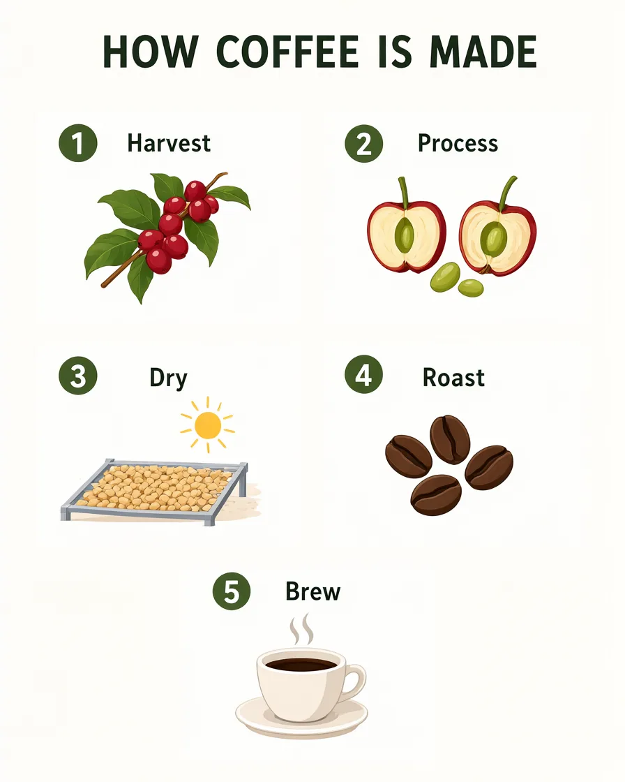 Pôster de infográfico flat intitulado HOW COFFEE IS MADE mostrando cinco etapas numeradas, da colheita ao preparo.