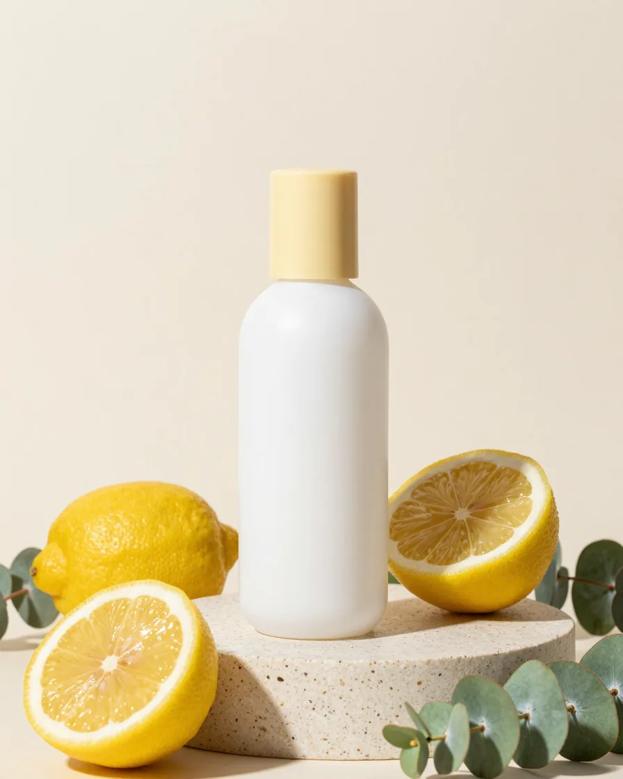 Frasco branco de skincare com tampa amarelo-clara sobre um pedestal de travertino cercado por limões e eucalipto.