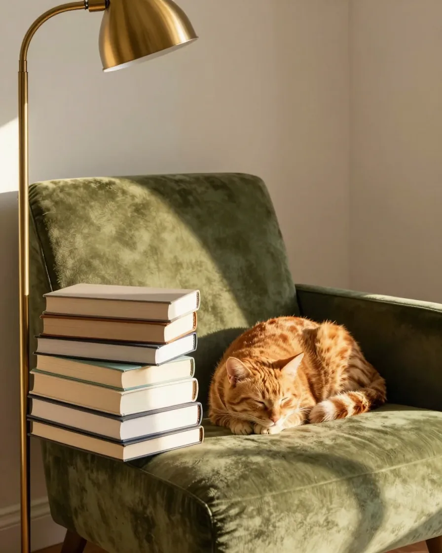 Cantinho de leitura ensolarado com poltrona de veludo verde, luminária de chão de latão, livros empilhados e um gato laranja dormindo.