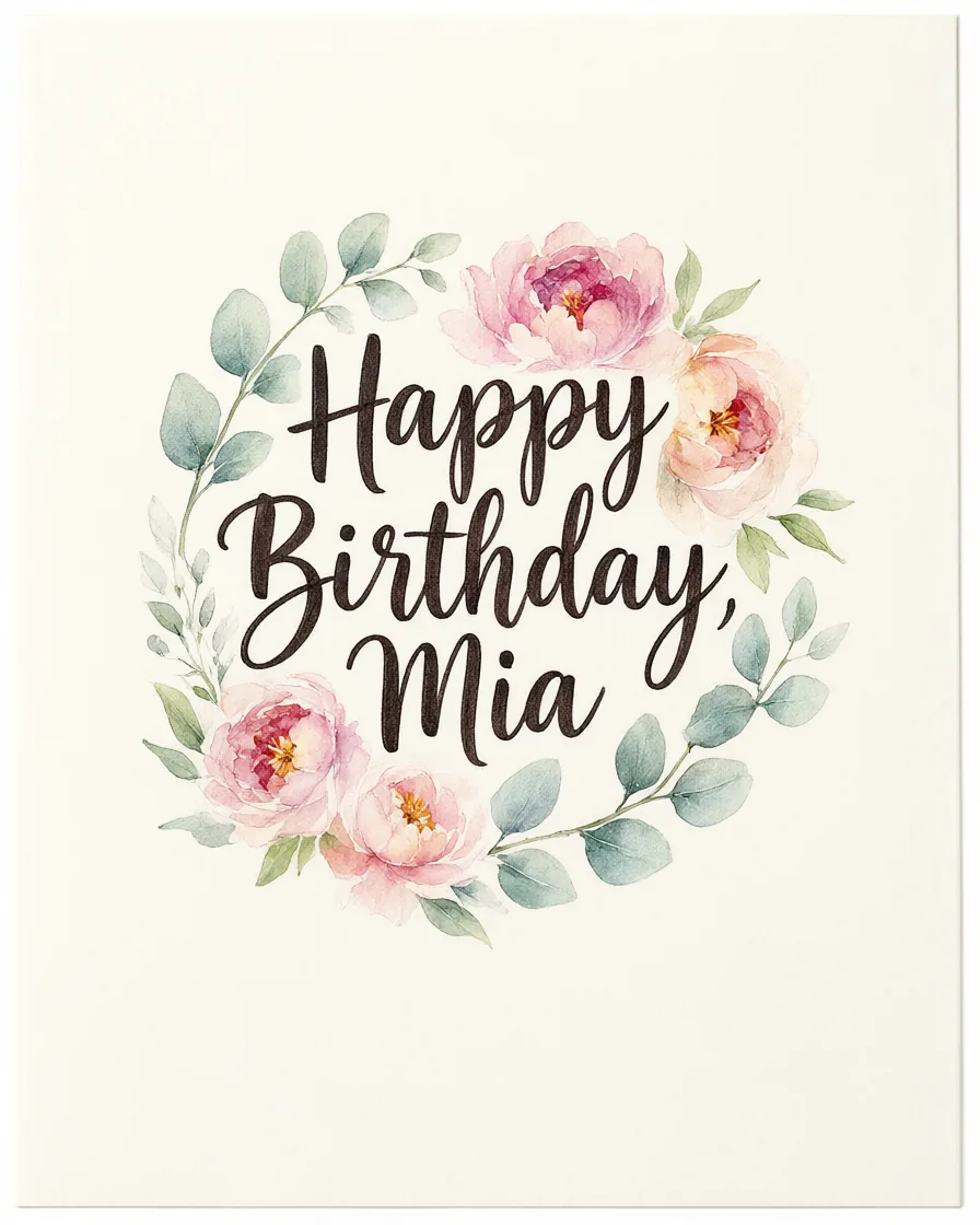 Cartão de aniversário em aquarela com o texto Happy Birthday, Mia, emoldurado por peônias cor-de-rosa e folhas de eucalipto.